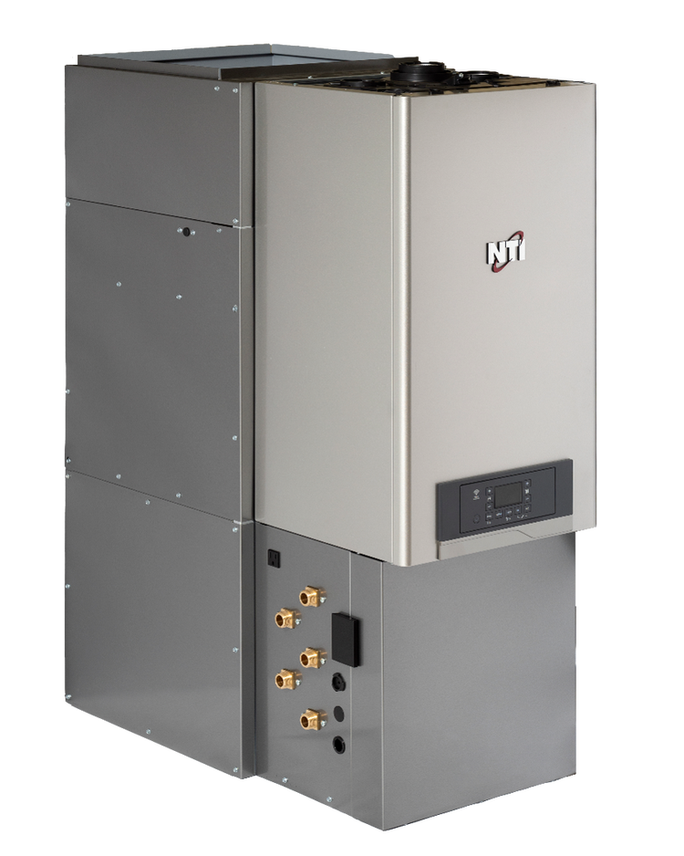 GF150 combi furnace, front three-quarter view with covers on